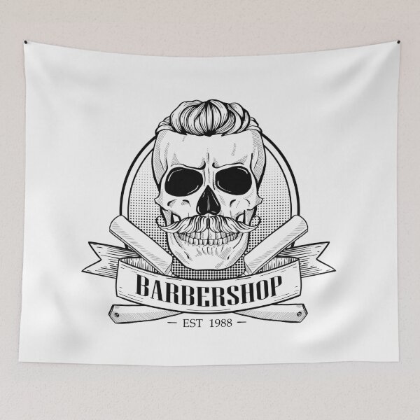 Item preview, Barbershop logo, sticker with skull with a mustaches and a hearcut, a dangerous razor and a ribbon designed and sold by netkoff.