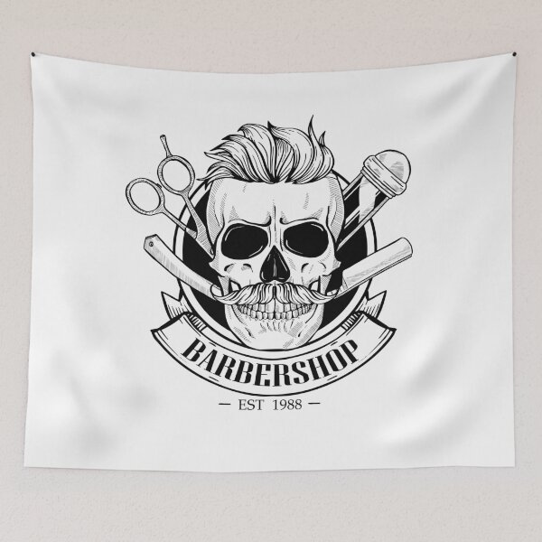 Item preview, Barbershop logo, sticker with skull with a mustaches and a hearcut, scissors, a dangerous razor and a ribbon designed and sold by netkoff.