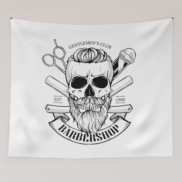 Item preview, Barbershop logo, sticker with skull with a mustaches, beard and a hearcut, scissors, a dangerous razor and a ribbon designed and sold by netkoff.