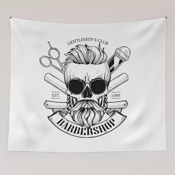 Item preview, Barbershop logo, sticker with skull with a mustaches, beard, hearcut and sunglasses, scissors, a dangerous razor and a ribbon designed and sold by netkoff.