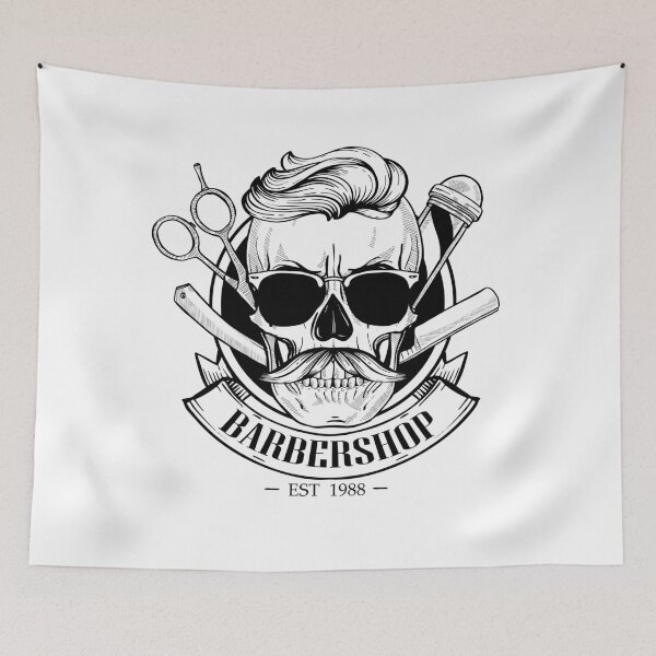 Item preview, Barbershop logo, sticker with skull with a mustaches, hearcut and sunglasses, scissors, a dangerous razor and a ribbon designed and sold by netkoff.