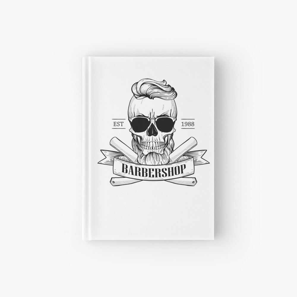 Barbershop logo, sticker with skull with beard, hearcut, sunglasses, a  dangerous razor and a ribbon