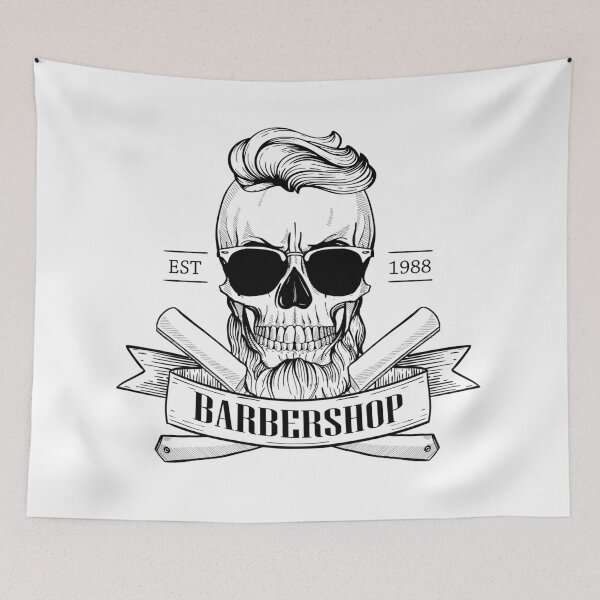 Item preview, Barbershop logo, sticker with skull with beard, hearcut, sunglasses, a dangerous razor and a ribbon designed and sold by netkoff.