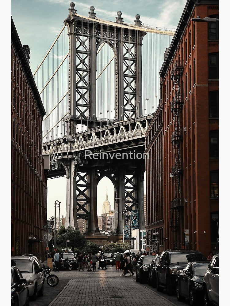 Famous View Of The Manhattan Bridge From Washington Street In Dumbo Brooklyn New York City Usa Art Board Print By Reinvention Redbubble