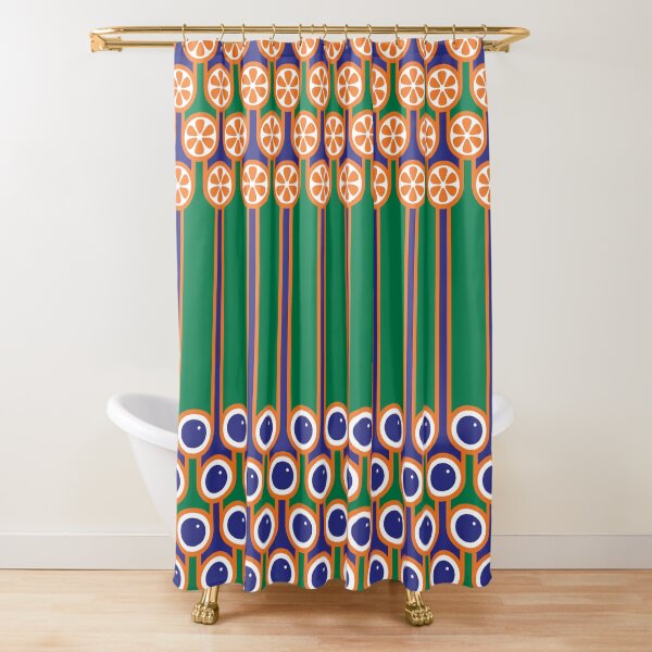 Scandi Midcentury Modern Retro Geometric Blueberries Oranges Stripey Pattern Shower Curtain