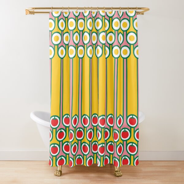 Scandi Midcentury Modern Retro Geometric Eggs Tomatoes Stripey Pattern Shower Curtain