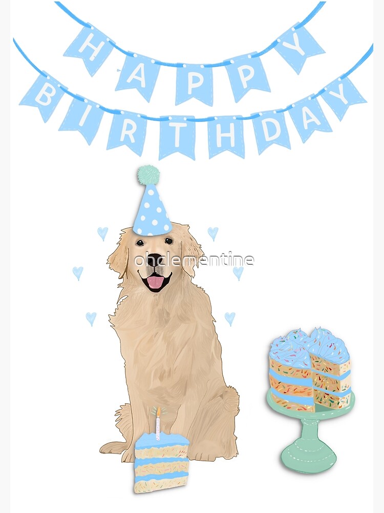 Carte De Vœux Carte De Joyeux Anniversaire Golden Retriever Bleu Par Ohclementine Redbubble