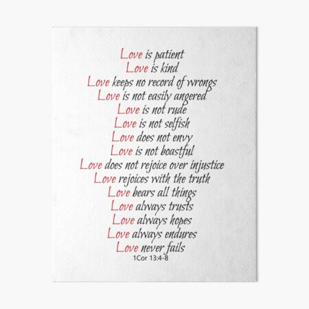 LOVE is Patient Christian Verse KInd Never Fails Bible God Jesus 1Cor 13 Black Art Board Print