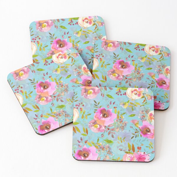 Item preview, Lovely pink hand drawn watercolor florals pattern on teal - double layer designed and sold by UtArt.