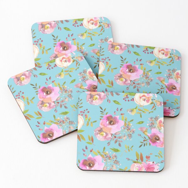 Item preview, Lovely pink hand drawn watercolor florals pattern on teal - single layer designed and sold by UtArt.