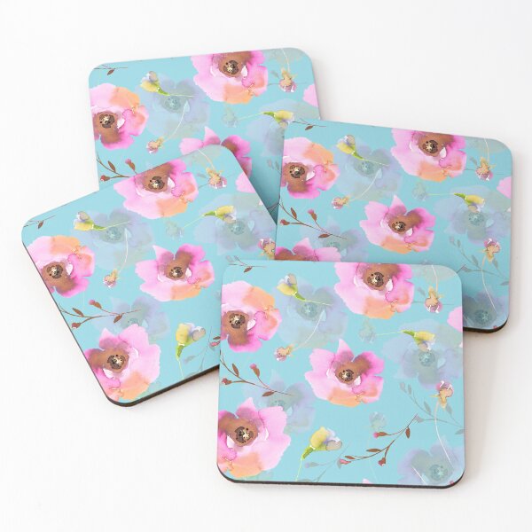 Item preview, Lovely little pink hand drawn watercolor florals pattern on teal - double layer designed and sold by UtArt.