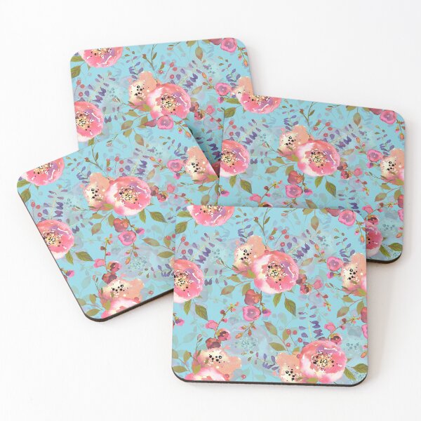 Item preview, Lovely pink hand drawn watercolor florals pattern on teal - double layer designed and sold by UtArt.