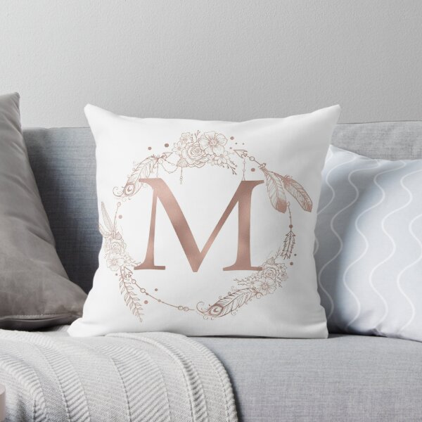 Letter M Rose Gold Pink Initial Monogram Throw Pillow