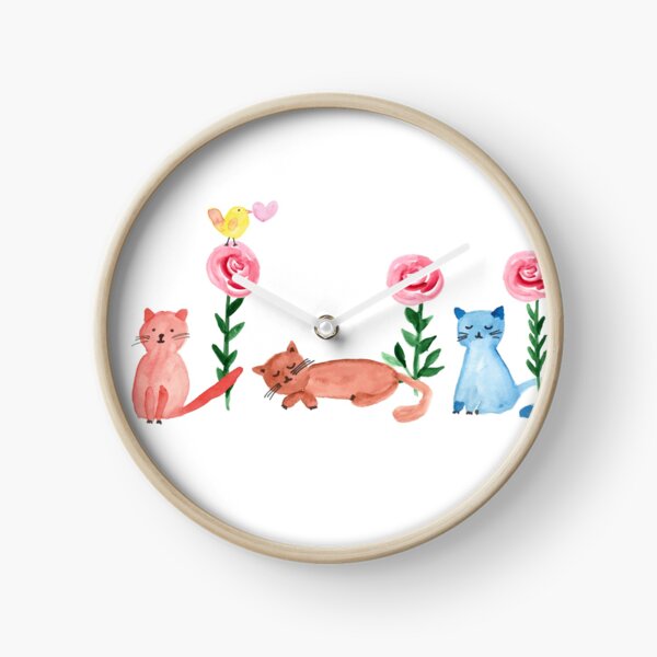 Watercolor - lovely cats and roses Clock