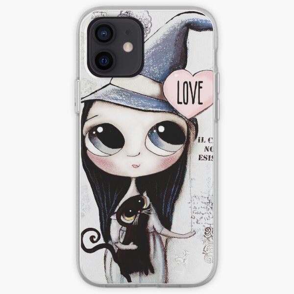 Witch with black hair and black cat and heart of Love iPhone Soft Case