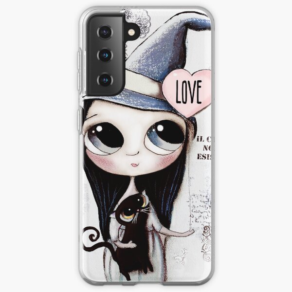 Witch with black hair and black cat and heart of Love Samsung Galaxy Soft Case