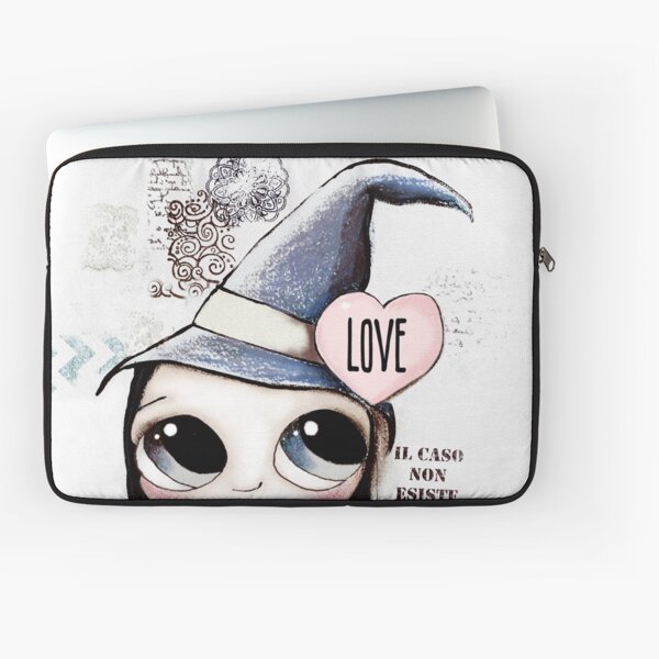 Witch with black hair and black cat and heart of Love Laptop Sleeve