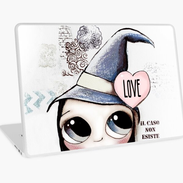 Witch with black hair and black cat and heart of Love Laptop Skin