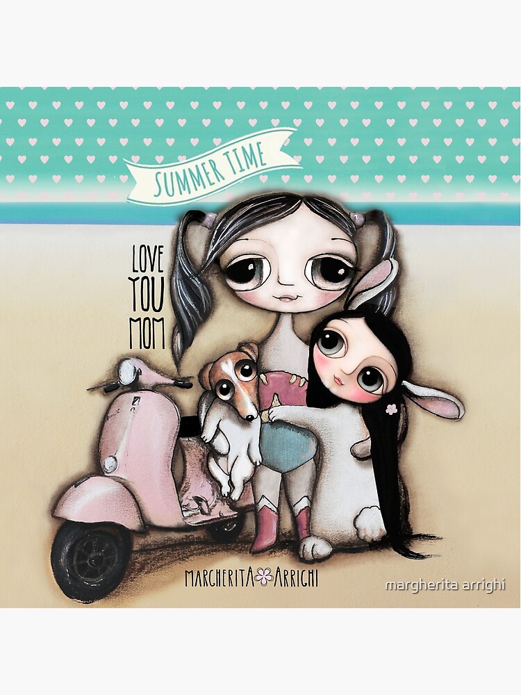Summer Time, mother, little child bunker and jack russel on vespa by marrighi