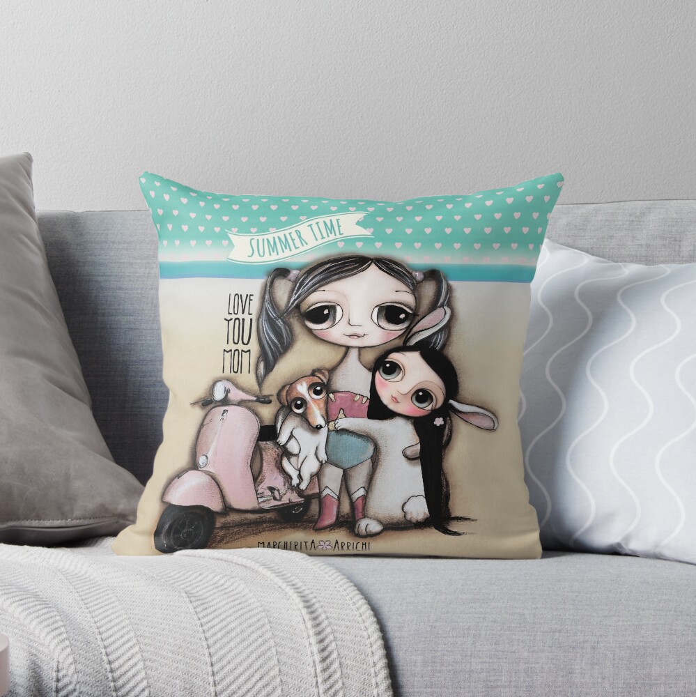 Summer Time, mother, little child bunker and jack russel on vespa Throw Pillow