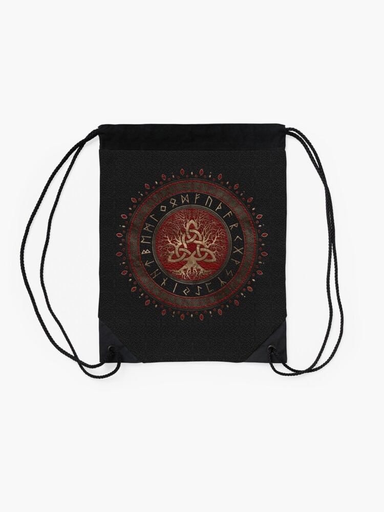 Alternate view of Tree of life with Triquetra Black Red Leather and gold Drawstring Bag