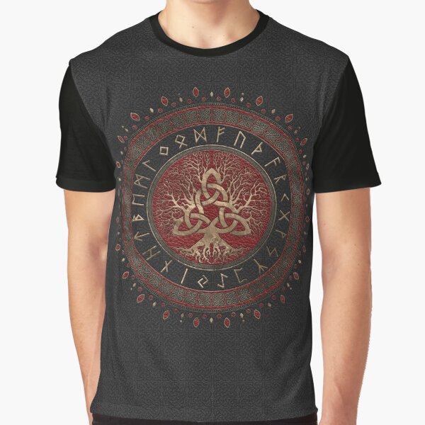 Árbol de la vida con Triquetra Negro Rojo Cuero y oro. Camiseta gráfica