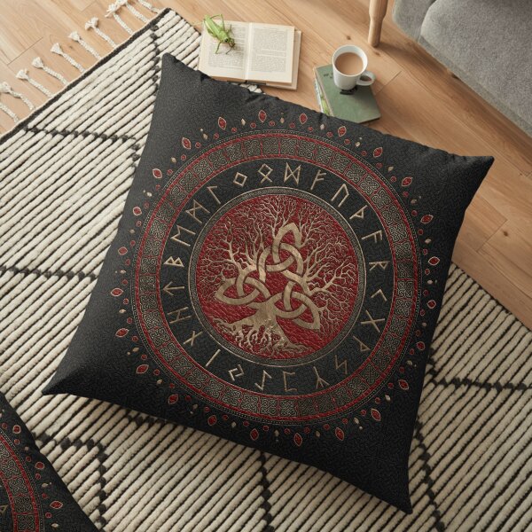 Tree of life with Triquetra Black Red Leather and gold Floor Pillow