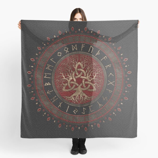 Arbre de vie avec Triquetra Noir Rouge Cuir et Or Foulard