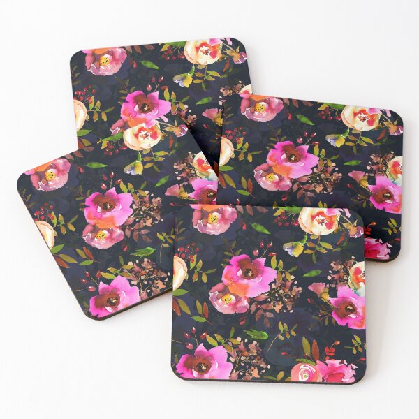 Item preview, Lovely pink hand drawn watercolor florals pattern on dark blue - double layer designed and sold by UtArt.
