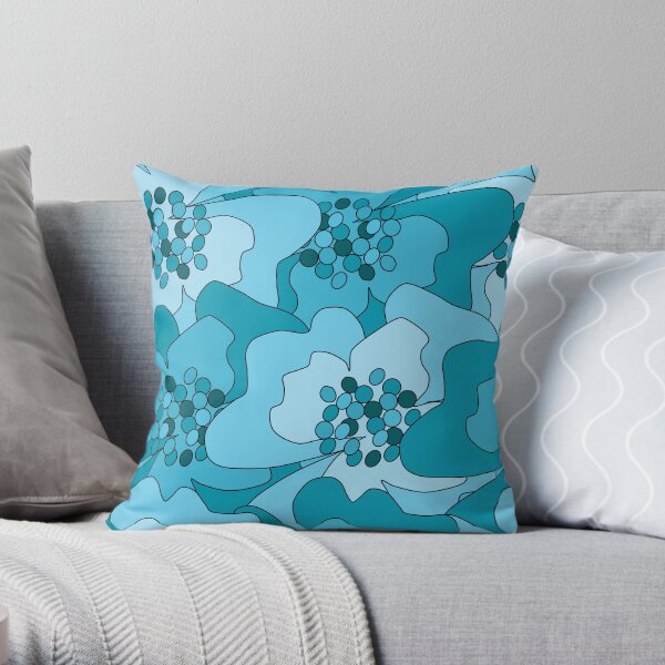 Turquoise Passion Flowers Throw Pillow