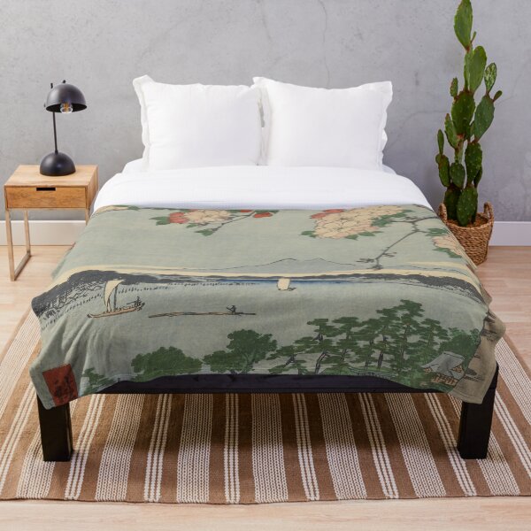 Cherry Blossoms on Spring River Ukiyo-e Japanese Art Throw Blanket