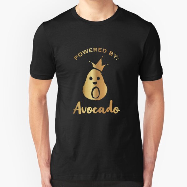 Gold "Powered by Avocado" Text with Avocado Icon. Vector Illustration for Shirt, Sticker, Mug, Phone Covers and more. Slim Fit T-Shirt