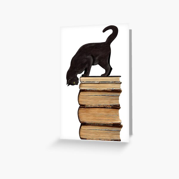 Curious Black Cat on Old Books Greeting Card
