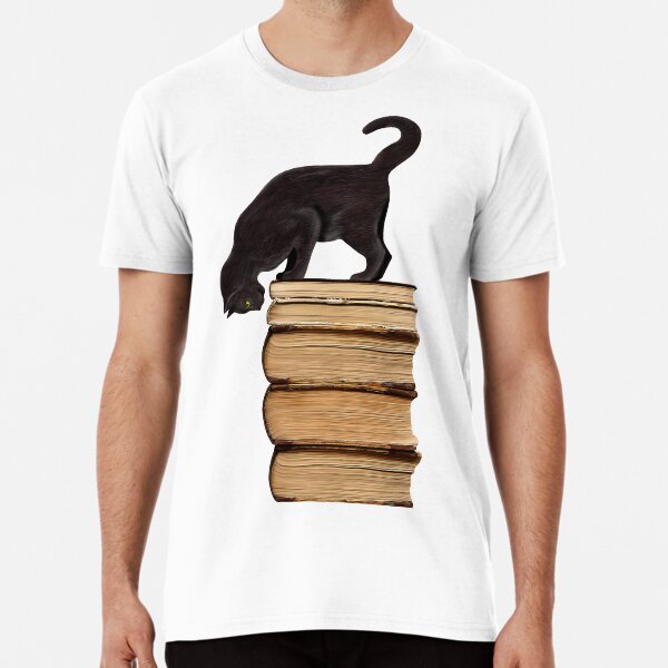Curious Black Cat on Old Books Premium T-Shirt