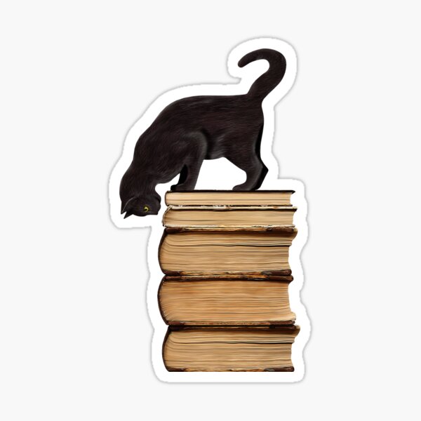 Curious Black Cat on Old Books for Literary Cat Lovers Sticker