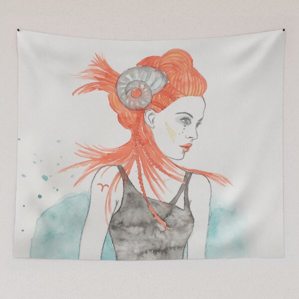 Item preview, Zodiac Series - Aries, watercolor fantasy woman portrait with horns and long red hair designed and sold by artsome-design.