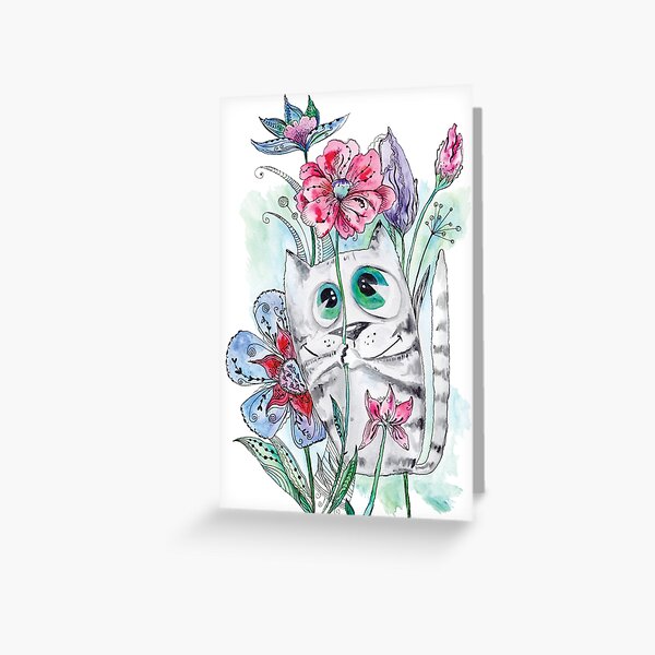 Funny Watercolor Cat with Flowers Greeting Card