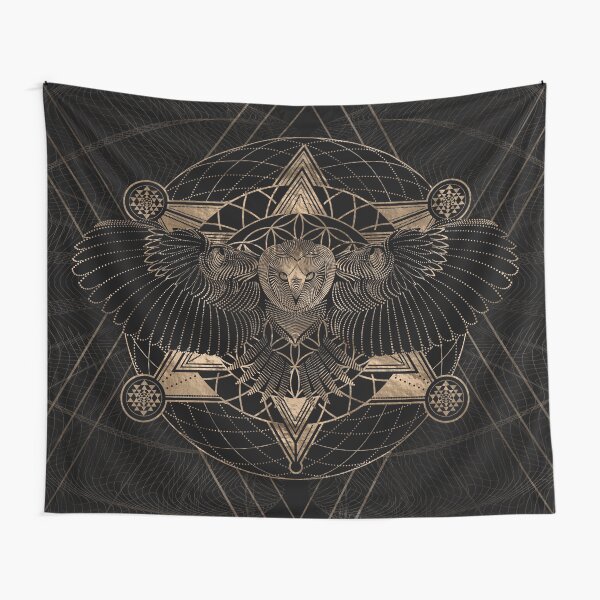 Owl in Sacred Geometry Composition - Black and Gold Tapestry