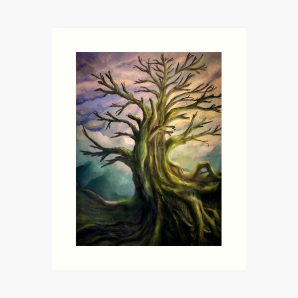 Painting of a colorful scenery with an old big tree Art Print