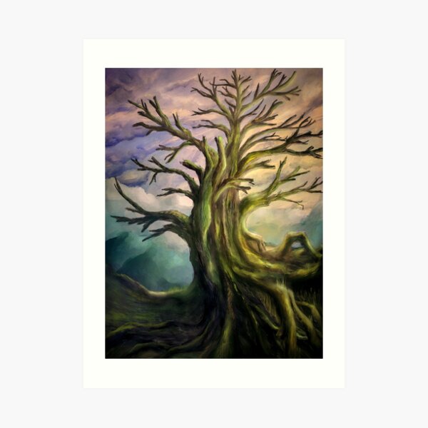 Painting of a colorful scenery with an old big tree Art Print