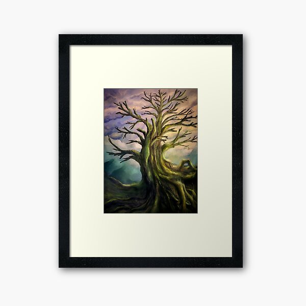 Painting of a colorful scenery with an old big tree Framed Art Print