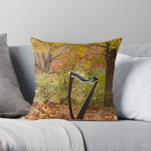 Harp in the Fall Leaves Throw Pillow