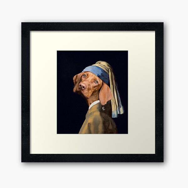 Funny Dog Girl with a Pearl Earring Vermeer Parody Framed Art Print
