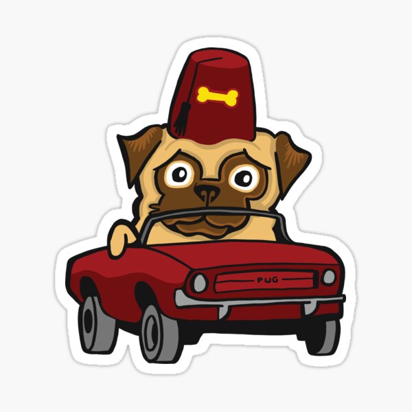 Benevolent Secret Society Pug In A Tiny Car Sticker