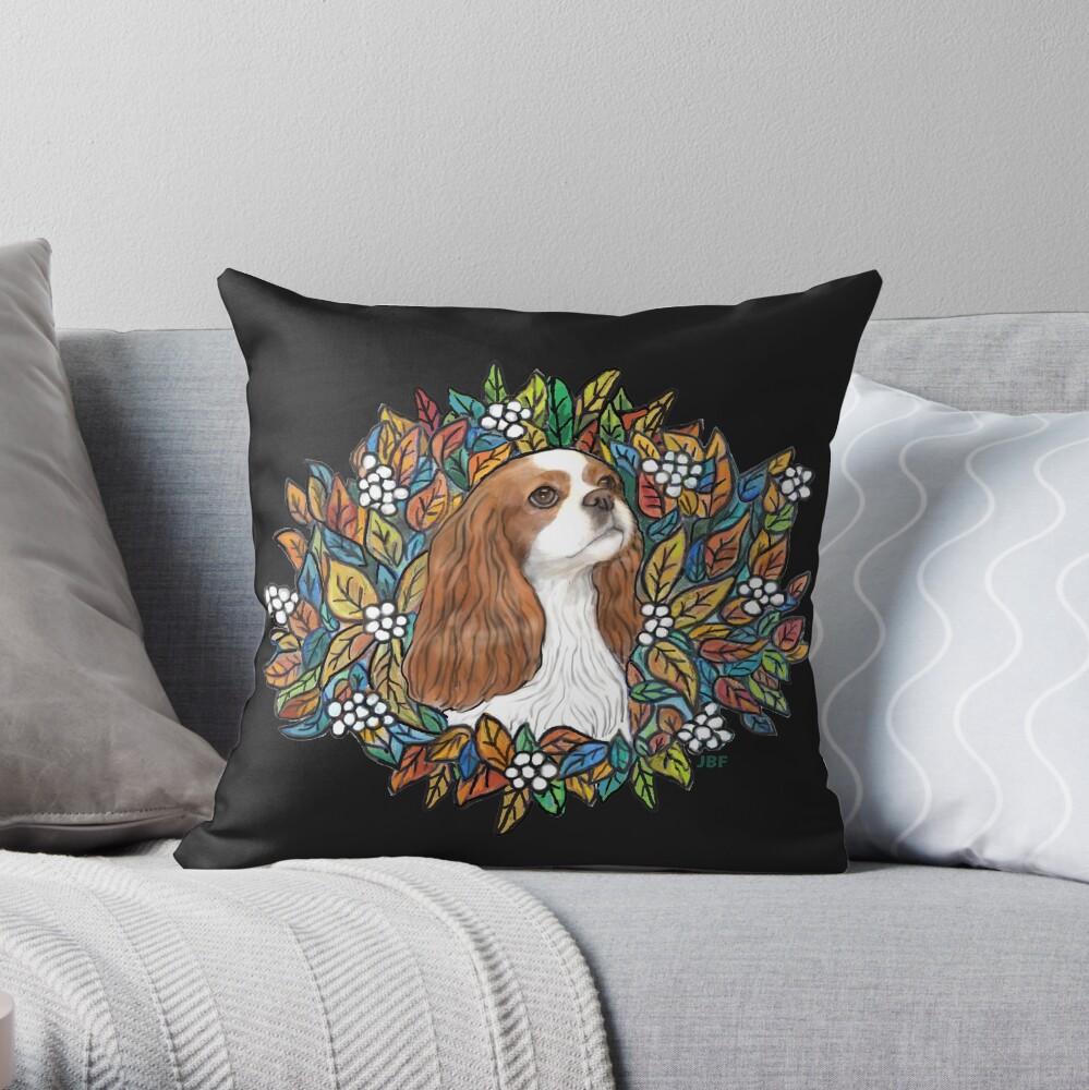 Blenheim Cavalier King Charles in Garden Wreath Throw Pillow