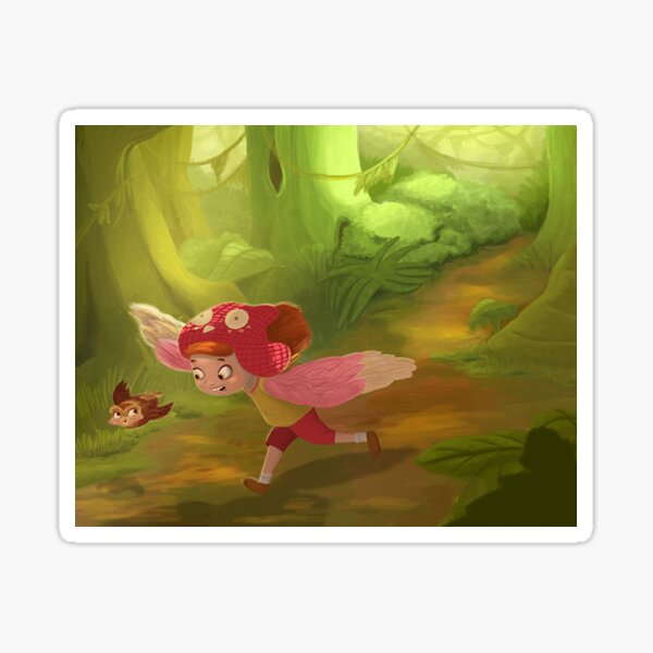 redhead little girl and owl illustration Sticker