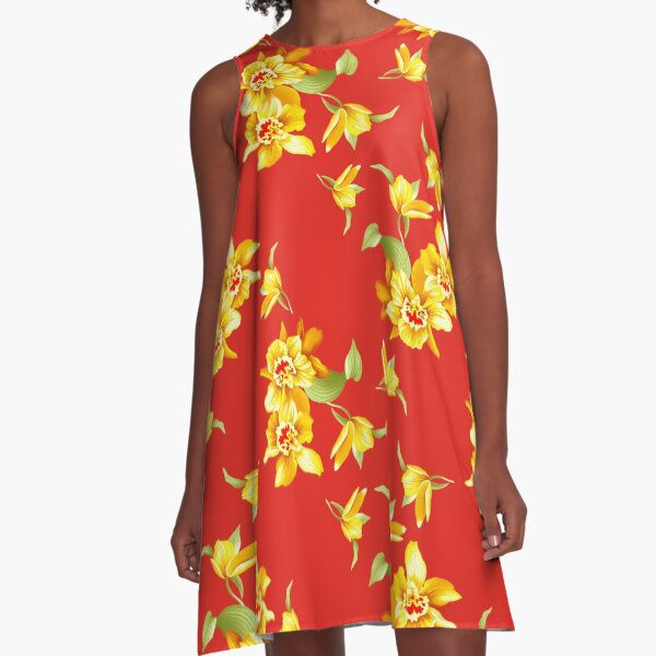 Golden Daffodils on Red A-Line Dress