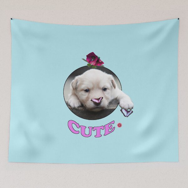 Item preview, Puppy playing with Butterflies and a Flower. With Text CUTE. designed and sold by MindTravel.