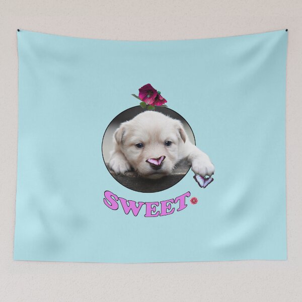 Item preview, Puppy playing with Butterflies and a Flower. With Text SWEET. designed and sold by MindTravel.
