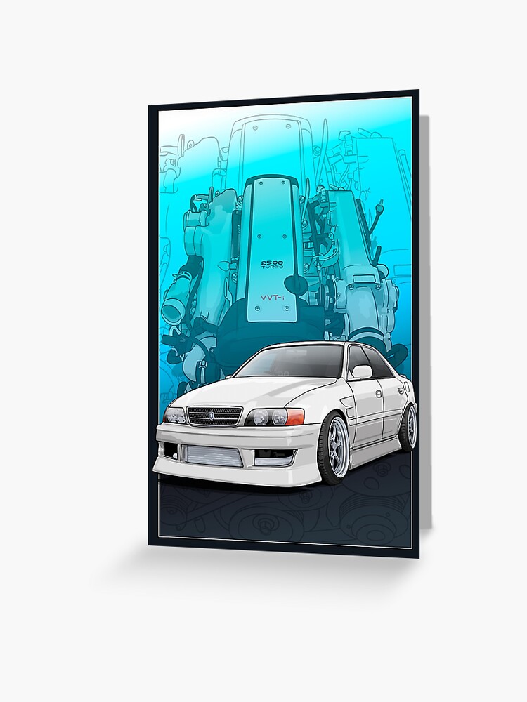 Chaser Jzx100 White With 1jz Engine Background Greeting Card By Artymotive Redbubble